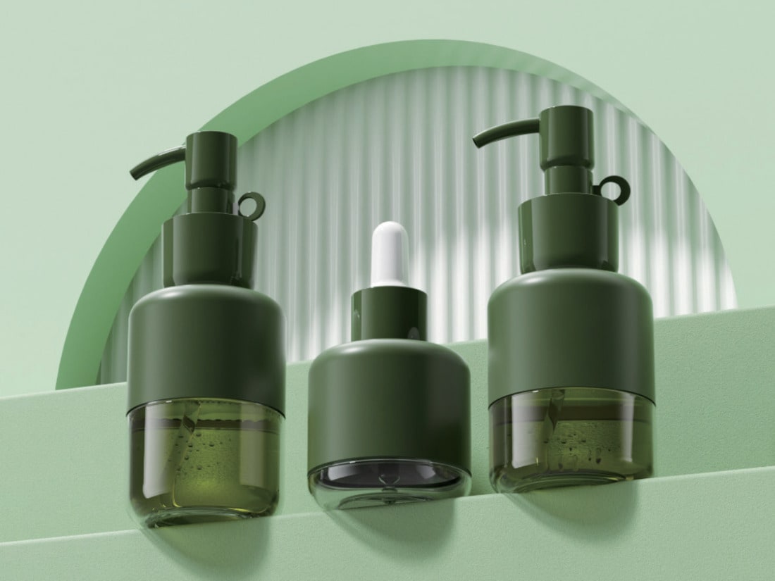 White and sage pump bottles on a moss green set