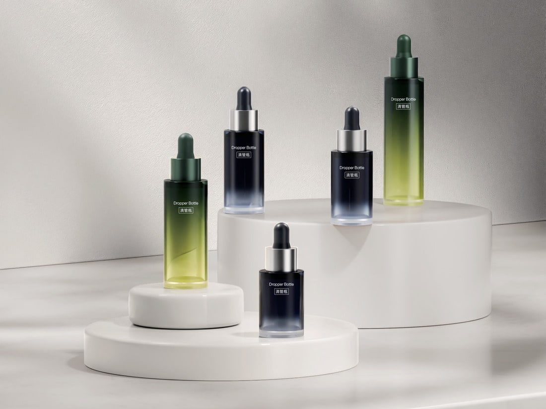 Serum dropper bottles on white podiums in soft daylight