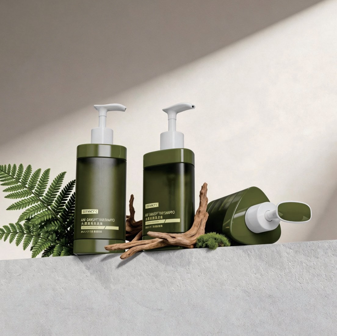 Olive green pump bottles and a tube on a stone ledge, with ferns