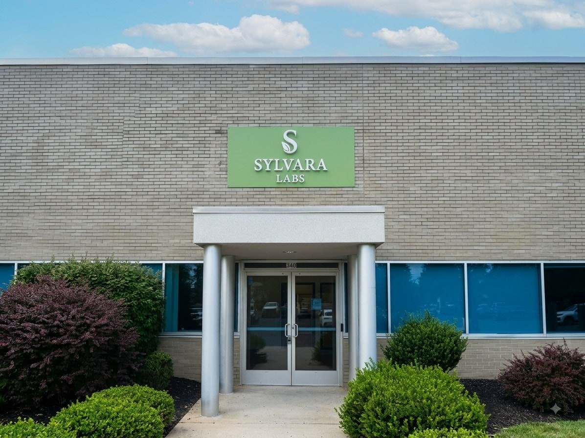 The entrance to the Sylvara Labs facility, with the company sign above the door